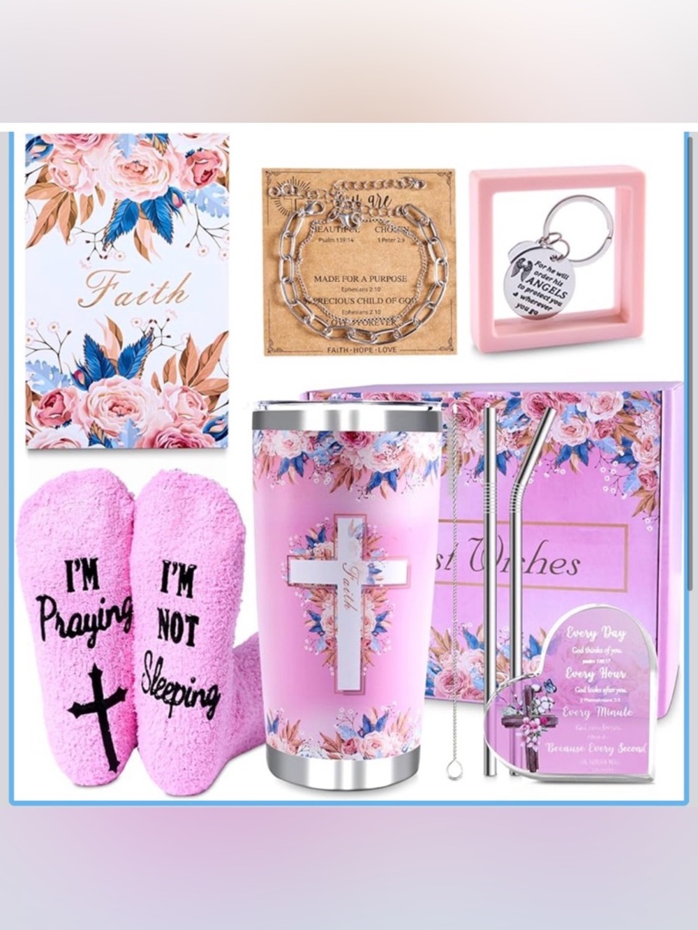 Pink Floral Faith Cross Tumbler Gift Set